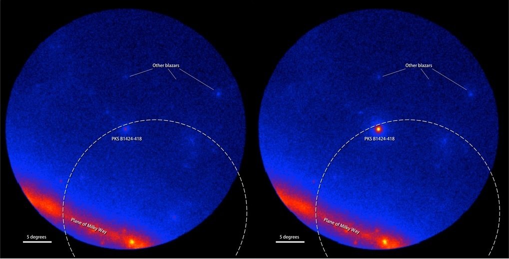 Ilustración 3 - El cielo en rayos gamma, centrado en el blázar PKS B1424-418.  La línea de puntos corresponde a la zona correspondiente a Caponata (50% estadístico).  Ambas imágenes muestran una suma de la radiación gamma durante 300 días.  A la izquierda, centrada el 8-VII-2011, con la fuente inactiva; a la derecha, el 27-II-2013, cuando la fuente estaba en plena actividad. © NASA/DOE/Colaboración LAT. 