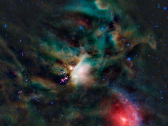 Infrared image of the rho Ophiuchi star formation region, about 400 light-years from Earth, with dark dusty filamentary gas clouds. The position of the optically obscured low-mass protostar IRAS 16293-2422 towards which the OD molecule has been detected is marked with a red circle.