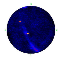 The radio sky above Effelsberg on November 10, 2009, observed with the newly installed LOFAR high-band array. The picture shows a software-calibrated image with high signal-to-noise ratio at a frequency of 120 MHz.