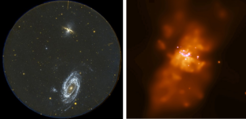 Links: Optische Aufnahme des M81/M82 Feldes (GALEX Observatory), Rechts: Röntgenbild von M82 mit Anzahl von Supernova-Überresten im Zentralbereich (CHANDRA Observatory).