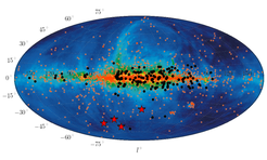 Radio map of the whole sky in Galactic coordinates, with pulsars found within the High Time Resolution Universe Survey (HTRU) project marked as black dots. The positions of the newly detected four Fast Radio Bursts (FRBs) are marked as red asterisks.