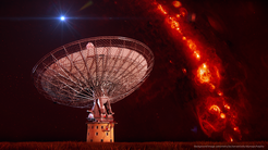 Artist’s impression of a radio burst in the night sky. The four fast radio bursts (FRBs) reported here were detected with the CSIRO Parkes radio telescope in Australia within the High Time Resolution Universe (HTRU) survey project.