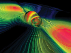 A numerical simulation showing the gravitational radiation emitted by the violent merger of two black holes.