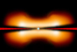 Künstlerische Darstellung des jungen Sterns MWC 297 (Querschnitt). Die Messungen mit dem Very Large Telescope Interferometer der ESO und dem AMBER-Instrument zeigen, dass der Stern von einer Gas- und Staubscheibe umgeben ist und dass ein Sternwind über- und unterhalb der Scheibe ins All bläst. In der jetzt erstmals analysierten Region, die eine Ausdehnung vergleichbar der Bahn des Mars um die Sonne hat, können aus dem Material der Staubscheibe neue Planeten entstehen.