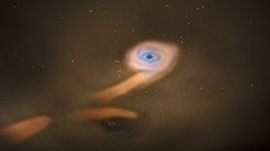 Artist’s impression of a pair of black holes. One of them is accreting the 'debris' of the disrupted star, while the second is temporarily interrupting the stream of gas toward the other black hole.