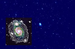 LOFAR radio map of the whirlpool galaxy M51 and its neighbourhood at a frequency of 150 MHz. The field covers 4 by 2.6 degrees. The observations were performed with the Dutch LOFAR high-band antennas. The map shows the distribution of hot electrons in M51 and also a large number of background galaxies.The inlay shows an enlarged view of M51 at 150 MHz (white contour lines) overlayed onto an optical image of M51 from the Digital Sky Survey (DSS).