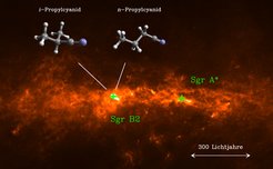 Dust and molecules in the central region of our Galaxy: The background image shows the dust emission in a combination of data obtained with the APEX telescope and the Planck space observatory at a wavelength around 860 micrometers. The organic molecule iso-propyl cyanide with a branched carbon backbone (i-C3H7CN, left) as well as its straight-chain isomer normal-propyl cyanide (n-C3H7CN, right) were both detected with the Atacama Large Millimeter/submillimeter Array in the star-forming region Sgr B2, about 300 light years away from the Galactic center Sgr A*.