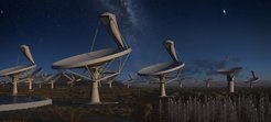 Das Square Kilometre Array (SKA) bei Nacht, künstlerische Darstellung.