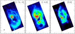 In einer der ersten großräumigen Kartierungen mit dem upGREAT Spektrometer wurde die Verteilung des einfach-ionisierten Kohlenstoffs um den Nebel Sharpless 106 aufgezeichnet. Die Kohlenstoff- Linie wird durch die intensive Ultraviolett-Strahlung eines eben entstandenen heißen, massereichen Sterns angeregt, der – noch eingebettet in die absorbierenden Staubschichten seiner Geburtswolke - diese verändert und letztlich zerstört. Die hohe spektrale Auflösung des GREAT Spektrometers erlaubt, die Dynamik des Gases mit bislang unerreichter Präzision zu vermessen. In den Karten wird die Kohlenstoff-Emission bei leicht unterschiedlichen Geschwindigkeiten des Gases in Falschfarben dargestellt (hohe Intensitäten sind in rot gezeigt).