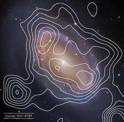 Spiral Galaxy NGC 4725. Contour lines of radio continuum emission at a frequency of 8.5 GHz, observed with the Effelsberg 100-m radio telescope, overlayed onto an optical image of the galaxy.