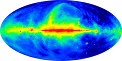 Der 408-MHz-All-Sky-Survey –der Gesamthimmel im Radiolicht. Dieses Bild kann als die frühe Visitenkarte des Preisträgers und der Arbeit seiner Radiokontinuumsabteilung am MPIfR angesehen werden.