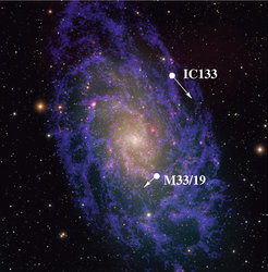 Optical image of the galaxy Messier 33 in the constellation "Triangulum". Positions of water masers used for an accurate distance determination are marked (see MPIfR press release from March 04, 2005)