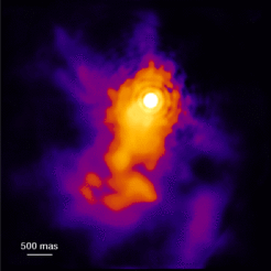 High-resolution bispectrum speckle intererometry and speckle polarimetry of the southern outflow lobe of S140 IRS1Some - perhaps all - newly formed stars go through a turbulent phase of adolescence in which they eject streams of gas that collide with the surrounding molecular cloud material. The figure below shows the first bispectrum speckle interferometry image of the young stellar object S140~IRS1 and its southern outflow. Radio interferometric observations proved that this outflow is in fact bipolar. The northern lobe shows redshifted emission and is thus pointing away from us. Consistently, the northern part of the outflow cavity is not visible at near infrared wavelengths. The observations suggest that S140 IRS1 is a massive young star surrounded by an optically thick circumstellar disk. The outflow perpendicular to this disk is clearing a polar cavity, which can be seen in scattered stellar light at the cavity walls.