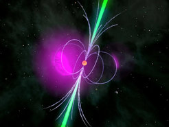 A gamma-ray pulsar is a compact neutron star that accelerates charged particles to relativistic speeds in its extremely strong magnetic field. This process produces gamma radiation (violet) far above the surface of the compact remains of the star, while radio waves (green) are emitted over the magnetic poles in the form of a cone. The rotation sweeps the emission regions across the terrestrial line of sight, making the pulsar light up periodically in the sky.