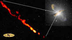Die bisher genaueste Aufnahme eines extragalaktischen Jets. Die TANAMI Aufnahme von Centaurus A (unten links) stellt eine 1000-fache Vergrößerung gegenüber dem optischen Bild (oben rechts) dar, dem auch die großskalige Radio- und Röntgenemission überlagert ist.
