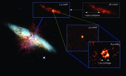Darstellung des zentralen Bereichs der Galaxie M82, einer der nächstgelegenen Starburst-Galaxien in einer Entfernung von nur 12 Millionen Lichtjahren. Das linke Teilbild wurde mit dem Weltraumteleskop "Hubble" aufgenommen; es zeigt die eigentliche Galaxie in Blau und das aus dem Zentralbereich infolge des Sternentstehungsausbruchs ("Starburst") herausgeschleuderte Wasserstoff-Gas in Rot. Die mit dem VLA aufgenommenen Radiobilder (oben) zeigen die Supernova (SN 2008iz) als helle Quelle im Bild vom Mai 2008, während sie in der früheren Aufnahme vom Januar 2007 noch nicht sichtbar ist. Die VLBI-Radiobilder bei höchster Auflösung (unten rechts) zeigen eine expandierende Schale mit einer Größe von wenigen Lichttagen und beweisen damit, dass es sich bei der neugefundenen Radioquelle in der Tat um eine explodierende Supernova im Zentralbereich von M82 handelt.
