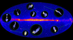 The Gamma-ray Sky as seen by Fermi (background). The inserts show radio images of the jets of selected active galactic nuclei observed by the VLBA in the framework of the MOJAVE project, showing how the VLBA works as magnifier to see the finest details in the radio jets. The VLBA images have an angular resolution of about one thousandth of a second or arc - about a million times better resolution than the gamma-ray observations and more than a factor of fifty better than any optical telescope such as the Hubble Space Telescope.