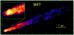 The Inner Jet of the Radio Galaxy M87 located in the Virgo cluster. The angular resolution of this false-color radio image observed by the VLBA at 2 cm wavelength is approximately one milli-arcsecond, fifty times better than that of the Hubble Space Telescope at optical wavelengths. The image shows a limb brightened jet and a faint counter-jet. The central gap is consistent with the presence of a fast inner jet which is beamed away from the observer surrounded by a slower moving outer plasma seen by the VLBA.