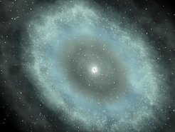 Illustration der möglichen Struktur eines Quasars, der von einer Sterne bildenden, einige tausend Lichtjahre großen Gasscheibe umgeben ist. Der helle Quasar, der durch Einfall von Materie auf ein supermassives Schwarzes Loch gespeist wird, sitzt im Zentrum.