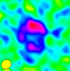 Das Radiobild des Quasars PSS J2322 im Very Large Array zeigt eine runde, fragmentierte Verteilung der Kohlenmonoxid-Strahlung.