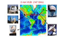 Das Netzwerk für die neuen Millimeter-VLBI-Beobachtungen bei einer Frequenz von 147 GHz. Neben dem 30-m-IRAM-Teleskop auf dem Pico Veleta/Spanien sind das 14-m-Teleskop bei Metsähovi/Finnland, das 15-m-SEST-Teleskop auf dem Cerro La Silla/Chile und zwei Radioteleskope in den USA beteiligt: 10-m-Heinrich-Hertz-Teleskop auf dem Mt. Graham und 12-m-Teleskop auf dem Kitt Peak, beide unweit von Tucson in Arizona.