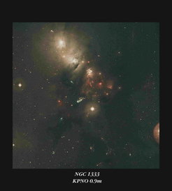 Molekülwolke NGC 1333 im Sternbild Perseus. Das Foto wurde im sichtbaren Licht mit dem 0,9-m-Teleskop am Kitt Peak National Observatory aufgenommen. Die Position, an der das ND3 nachgewiesen werden konnte, liegt im südlichen Bereich der Wolke