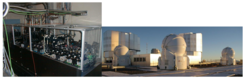 Abb. 6: Links: der Interferometrie-Empfänger AMBER (Astronomical Multi-BEam combineR); Rechts: Cerro Paranal mit 3 Kuppeln der 1,80m-ATs im Vordergrund und 2 große Kuppeln der 8,20m-UTs im Hintergrund.