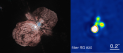 Abb. 10: Links: Photo von Eta Carinae im Homunkulusnebel; Rechts: Speckle-Interferometrische Aufnahme von Eta Carinae bei 830 nm Wellenlänge.