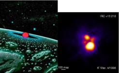 Abb. 11: Links: Künstlerische Darstellung von IRC+10216 (CW Leonis) als Roter Riese, umgeben von Wasser und Gestein; Rechts: IRC+10216 als IR-Interferometrie-Aufzeichnung.Bilder: Pressemitteilung SWAS vom 16. Juli 2001 (in Englisch), Spiegel-Artikel (auf Deutsch); (links); MPIfR (rechts).