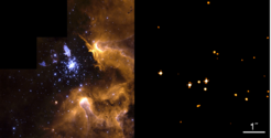 Abb.13: Links: Emissionsnebel NGC 3603 aufgenommen mit dem Hubble-Space-Telescope; Rechts: Zentraler Bereich von NGC 3603 nach einer Speckle-Rekonstruktion.