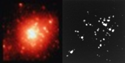 Abb.15: Links: R136, zentraler Sternhaufen im Tarantel-Nebel in der Großen Magellanischen Wolke; Rechts: Speckle-Rekonstruktion von R136.