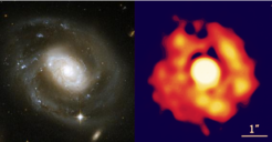 Abb. 16: Links: NGC 7469 vom Hubble-Teleskop aufgenommen; Rechts: Speckle-Aufnahme des Zentrums von NGC 7469 bei sehr hoher Auflösung.