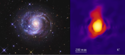 Abb.17: Links: M77 deutlich als Spirale zu erkennen; Rechts: Innerster Kernbereich der Galaxie M77 als Speckle-Bild.