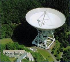 Luftaufnahme des 100-Meter Radioteleskopes. Unten links im Bild befindet sich das Institutsgebäude.