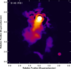 Hochaufgelöstes Speckle-Masking-Bild des jungen stellaren Objektes S140IRS1 (6-m-Teleskop, Wellenlänge 2,2 Mikron, Falschfarbendarstellung).
