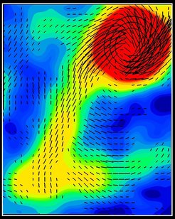 Gesamte Radiostrahlung aus der Südhälfte der Balkengalaxie NGC 1097 bei 3,5-cm-Wellenlänge, beobachtet mit dem VLA. Die Striche geben die Richtung der Magnetfeldlinien wieder. Der zentrale Ring ist ebenfalls eingezeichnet.