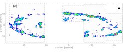 Die Radiostrahlung des Andromeda-Nebels. Oben: Radiokontinuum bei 20-cm-Wellenlänge (Effelsberg und VLA), Mitte: neutraler Wasserstoff HI (Westerbork), unten: CO-Molekül (IRAM). Die CO-Karte soll demnächst komplettiert werden; sie stellt einen Meilenstein in der Untersuchung von Molekülwolken in nahen Galaxien dar.