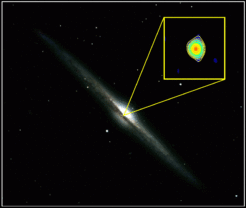 Abb. 5: Die von der Kante sichtbare Spiralgalaxie NGC 4565 ist ungefähr 30 Millionen Lichtjahre von der Erde entfernt und liegt im Sternbild "Coma Berenicis" (Haar der Berenike). Zwar verdeckt ein großer Staubring das galaktische Zentrum von NGC 4565, doch mit Hilfe der hochauflösenden VLBI-Technik konnte die Radiostrahlung eines nur schwach aktiven Schwarzen Lochs nachgewiesen werden (Insert). Die Auflösung ist dabei tausendmal besser als die des Hubble-Weltraumteleskops. (Foto: William McLaughlin, ARGO Cooperative Observatory; Insert: H. Falcke, VLBA).