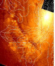 Abb. 2: Polarisierte Radiostrahlung (Konturlinien und Striche) aus der Galaxie NGC 3627, gemessen mit den Radioteleskopen Effelsberg und VLA bei 3.6-cm-Wellenlänge. Die Richtung des Magnetfeldes (nach aussen oder in die Galaxie hinein) bleibt mit dieser Messung unbestimmt und erfordert zusätzliche Messungen der Faraday-Rotation wie in der Milchstraße (s. Abb. 4). Das optische Bild im Hintergrund wurde vom Hubble Space Telescope der NASA/ESA aufgenommen.