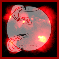 Fig. 3: Hier sieht man vier Loops (2 in jeder Hemisphäre), die bei der Kollision Flares erzeugen.
