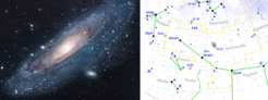 Links: Optische Aufnahme von M31 (Robert Gendler), Rechts: Sternbild Andromeda (beides aus Wikipedia).