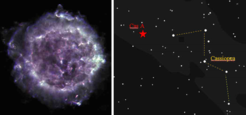 Links: Hochauflösende Radiokarte (VLA), Rechts: Karte der Cassiopeia mit Position von Cas A. (Bilder: VLA, NRAO/AUI; Teacher Workshop, NC, USA)