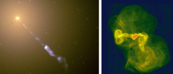Links: Optische Aufnahme von M87 mit Jet (Hubble), Rechts: Radiobild von Virgo A (M87) mit dem Very Large Array (VLA).