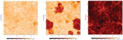 Abb. 2: Simulation des Gases in der Epoche der Re-Ionisation bei Rotverschiebungen von z=12.1, 9.2 und 7.6. Das neutrale Gas (HI) ist hell, das ionisierte Gas dunkel gezeigt. Galaxien entstanden vermutlich aus den HI-Filamenten, die nach dieser Epoche übrig geblieben sind.(Quelle: S. Furlanetto)