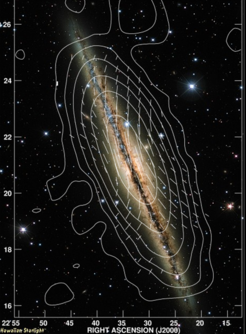 Magnetfeldlinien der „edge-on”-Spiralgalaxie NGC891 und Konturen der Radiostrahlung (Gesamtintensität) bei 3.6cm, beobachtet mit dem 100-m-Radioteleskop in Effelsberg. Die Radiokarte ist einem optischen Bild von NGC891 überlagert, aufgenommen mit dem Canada-France-Hawaii Telescope.