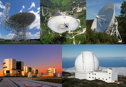 The radio and optical telescopes used to observe the pulsar-white dwarf binary system PSR J0348+0432. Upper row (from left): Radio telescopes: Green Bank (GBT), Arecibo and Effelsberg; Lower row (from left): Optical Telescopes: ESO Very Large Telescope (VLT), William-Herschel Telescope (WHT).