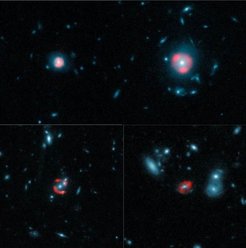 Montage, combining data from ALMA with images from the NASA/ESA Hubble Space Telescope, for five distant galaxies. The ALMA images, represented in red, show the distant, background galaxies, being distorted by the gravitational lens effect produced by the galaxies in the foreground, depicted in the Hubble data in blue. The background galaxies appear warped into rings of light known as Einstein rings, which encircle the foreground galaxies.