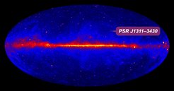 A map of the gamma-ray sky as seen by the Large Area Telescope on board NASA’s Fermi satellite over the course of four years. The colour coding from blue via red to yellow displays the intensity of the detected gamma radiation from a sector of the sky measuring 200 by 100 Moon diameters in galactic coordinates. The gamma radiation from the plane of the Milky Way can be seen as a horizontal band. The newly discovered radio pulsar J1311-3430 can be clearly seen as a strong gamma-ray source.