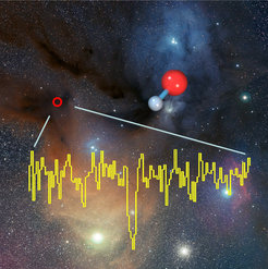 The colourful rho Ophiuchi star formation region, about 400 light-years from Earth. The position of the low-mass protostar IRAS16293-2422 towards which interstellar deuterated hydroxyl OD has been detected is marked with a red circle. The spectrum, observed with GREAT onboard SOFIA, displays the molecule’s emission at 1.3915 Terahertz (or 0.215 mm wavelength). OD, an isotopic substitute of hydroxyl (OH) with the hydrogen atom replaced by the heavier deuterium, is an important marker in the formation of interstellar water and may serve as a chemical clock in the early star formation process. The bright yellowish star in the bottom left is Antares, one of the brightest stars in the sky. Below and to Antares’ right is the globular cluster Messier 4.