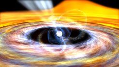 An artist's impression of an accreting X-ray millisecond pulsar. The flowing material from the companion star forms a disk around the neutron star which is truncated at the edge of the pulsar magnetosphere.